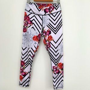 Women's Black and White Striped Floral Hyba Activewear Leggings - Size S